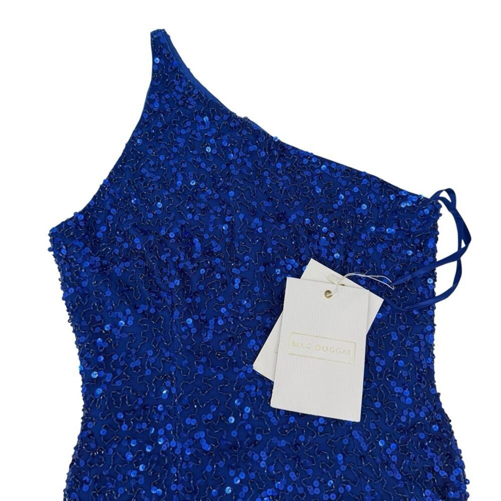 Mac Duggal 24011 Cobalt Blue Sequin One Shoulder Fringe Cocktail Dress NWT 6 - Picture 8 of 10